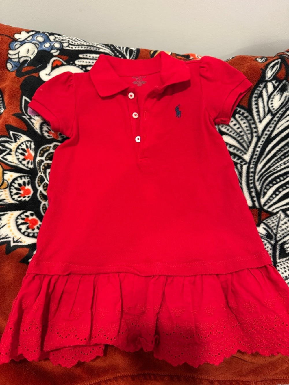 Ralph Lauren Girls Red Short-Sleeve Polo Dress with Eyelet Ruffle